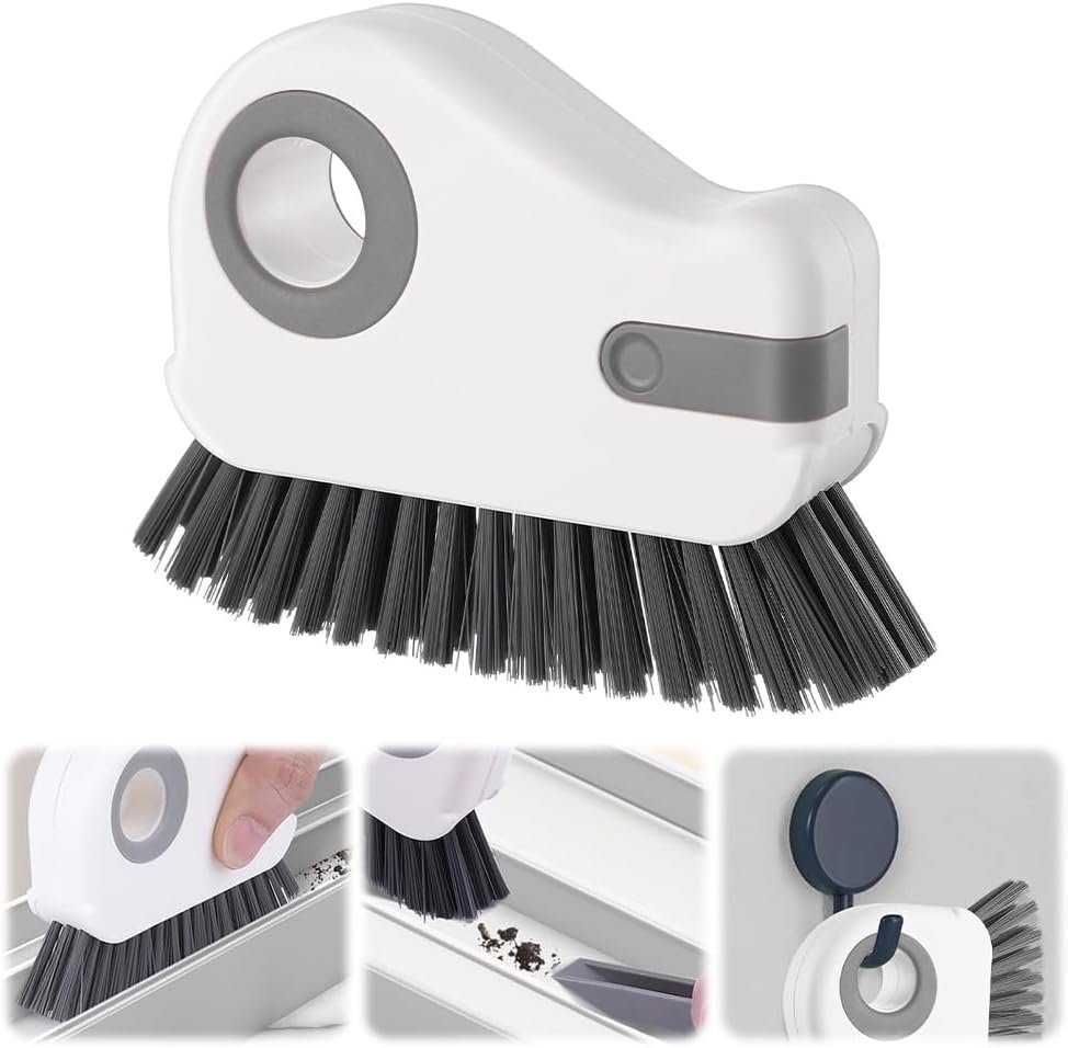 2 in 1 Groove Cleaning Brush, Window Track Cleaning Tools, Multifunction Window Track Cleaner with Hard Bristle and Hidden Scraper, Crevice Brush for Sliding Door Track, Window Seal, Sill (Gray)