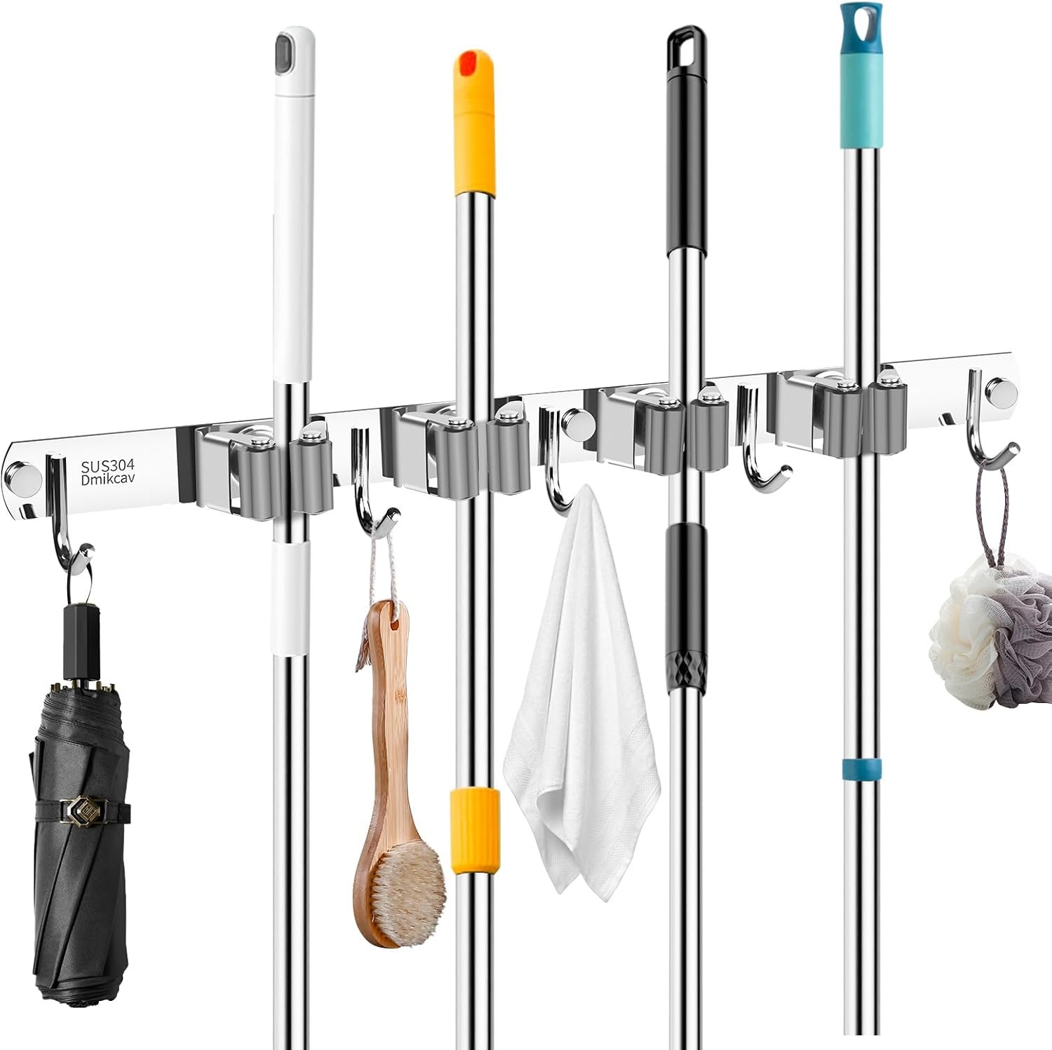 Mop and Broom Holder Wall Mounted, 4 Racks and 5 Hooks Broom, Upgraded Stainless Steel Broom Holder Self Adhesive, Broom Organizer, Tools Organizer for Home Kitchen bathroom Garden balcony