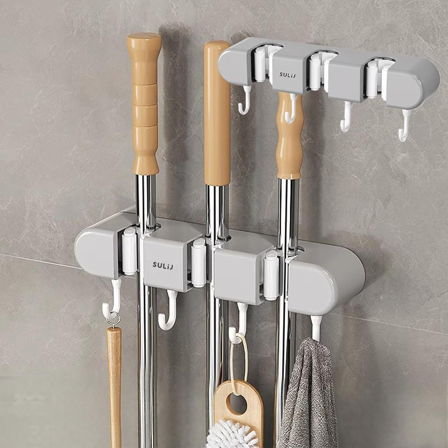 Wall-Mounted Mop Rack and Broom Organizer, Space-Saving Storage Solution for Cleaning Tools for Home or Kitchen