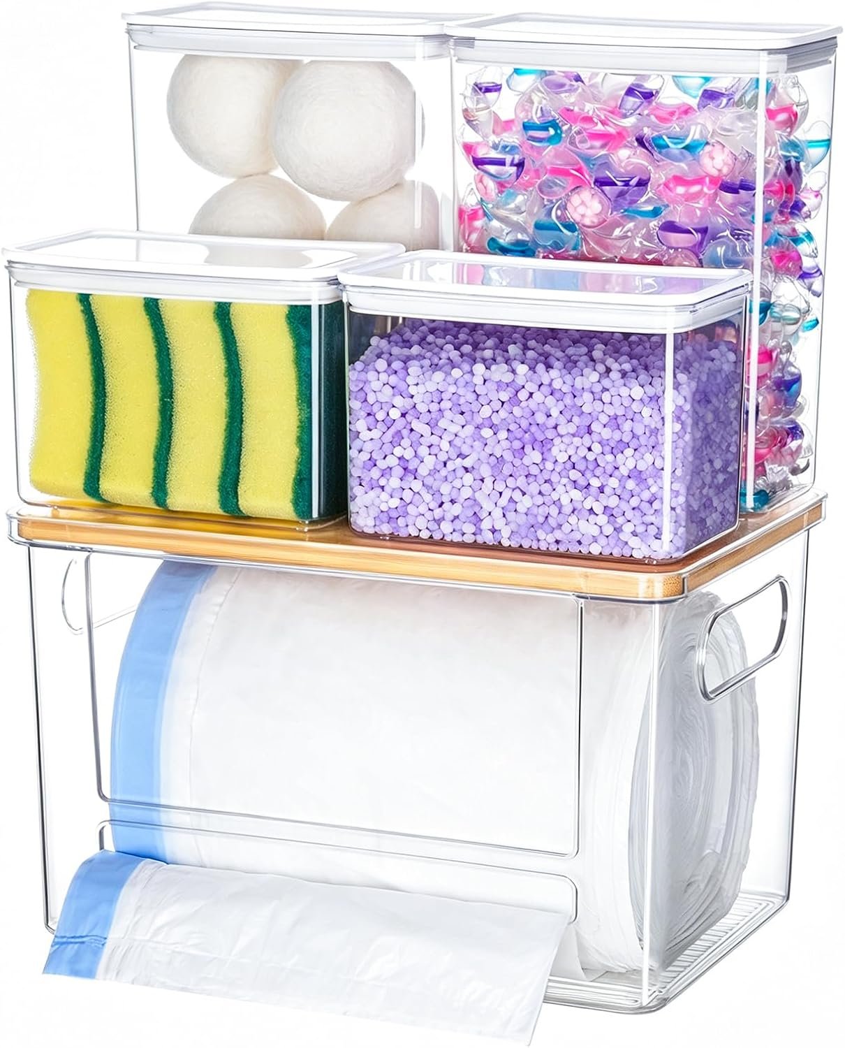 iCASA 5 in 1 Trash Bag Dispenser Laundry Pod Container Under Sink Organizer | Large Acrylic Trash Bag Holder with Bamboo Lid, with 4 Pack Dishwasher Pods Container, Pantry Laundry Room Organization