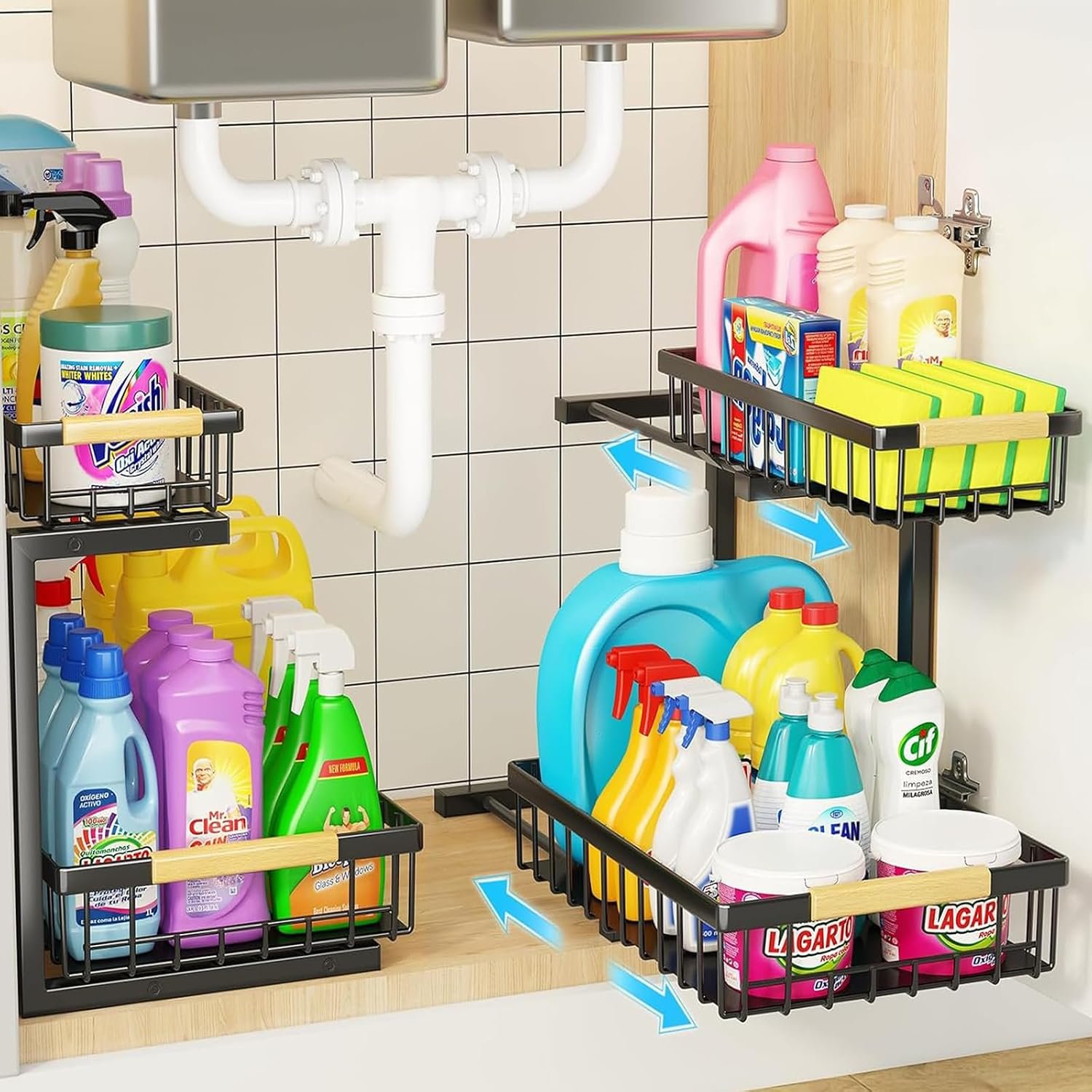 Under Sink Organizer, 2 Pack 2 Tier Under Sink Organizers and Storage, Slide out Pull Out Cabinet Organizer Shelf, Metal Drawers Shelves for Kitchen Bathroom Closet Organization
