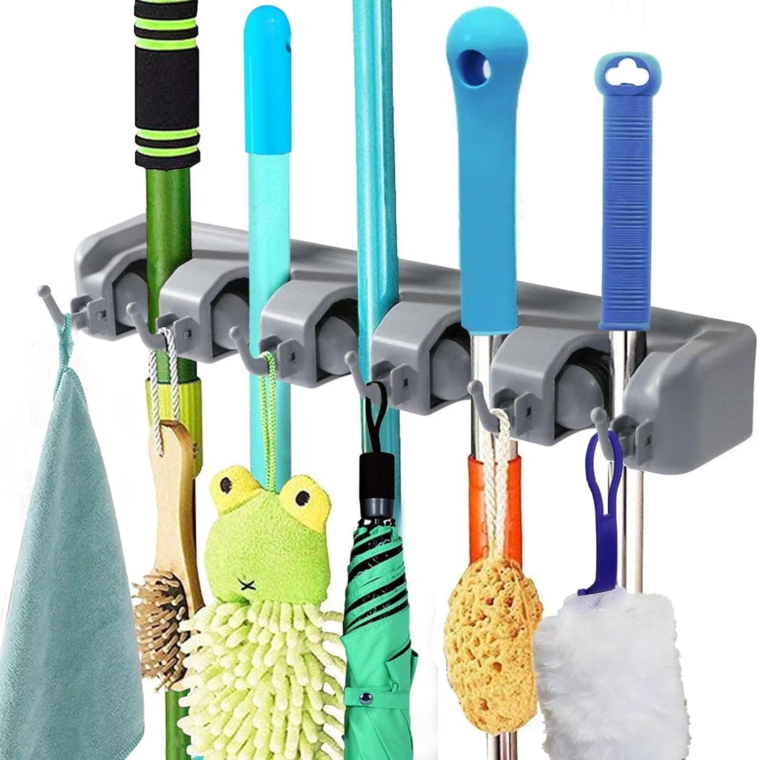 PP Plastic Multi-Function Broom & Mop Wall Mount Holder (16.93.352.36in, Gray) – Screw-Mounted Space Saver for Kitchen/Garage/Garden Tool Organization