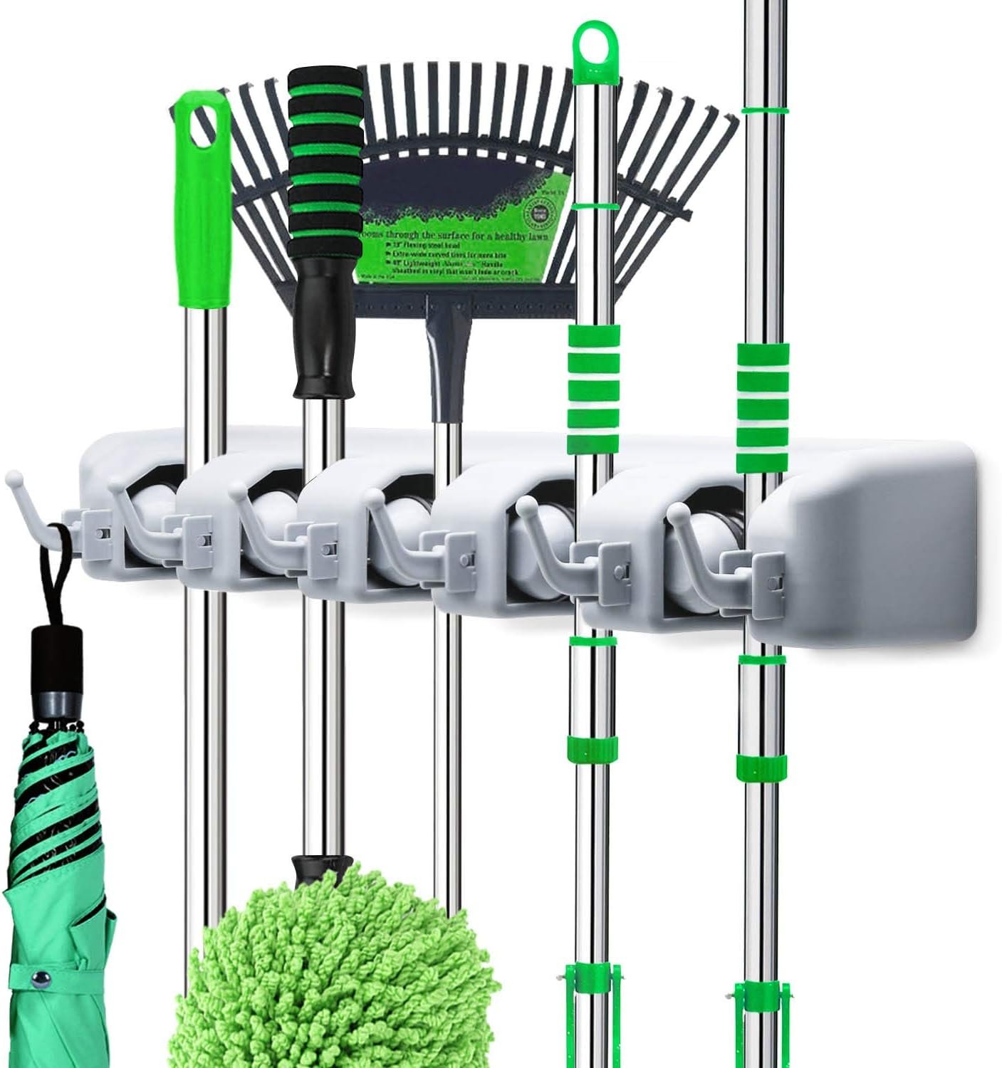 LETMY Broom Holder Wall Mounted – Mop and Broom Hanger Holder – Garage Storage Rack & Garden Tool Organizer – 5 Position 6 Hooks for Home, kitchen, Garden, Tools, Garage