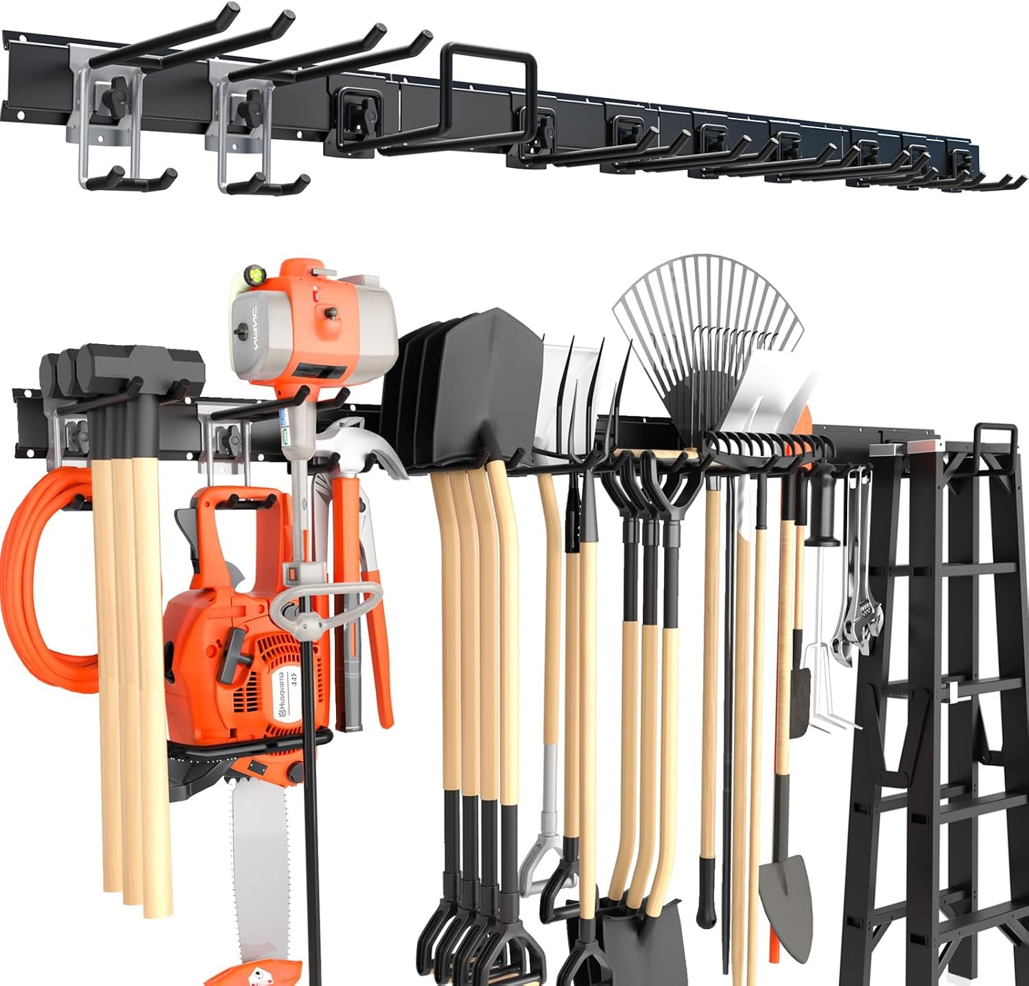 64” Garage Tool Organizer Wall Mount, 620lbs Heavy Duty Metal Storage Rack | Adjustable Hooks Garden Tool Organization System | Anti-Rust Shed Rack for Hanging Shovel, Rake, Broom, Snowboard