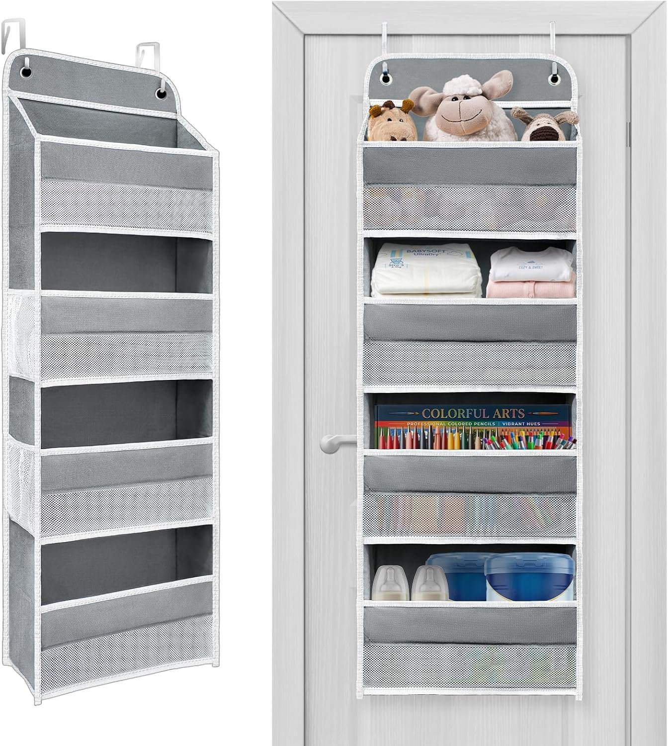 Over The Door Organizer with LifetimeWarranty, 4 Shelves & 4 Side Pockets, Large Storage Rack Holds 44lb, Heavy-Duty Reinforced Mesh Shelf for Bathroom, Closet, Toy Organization, Shoes, Towels, Grey