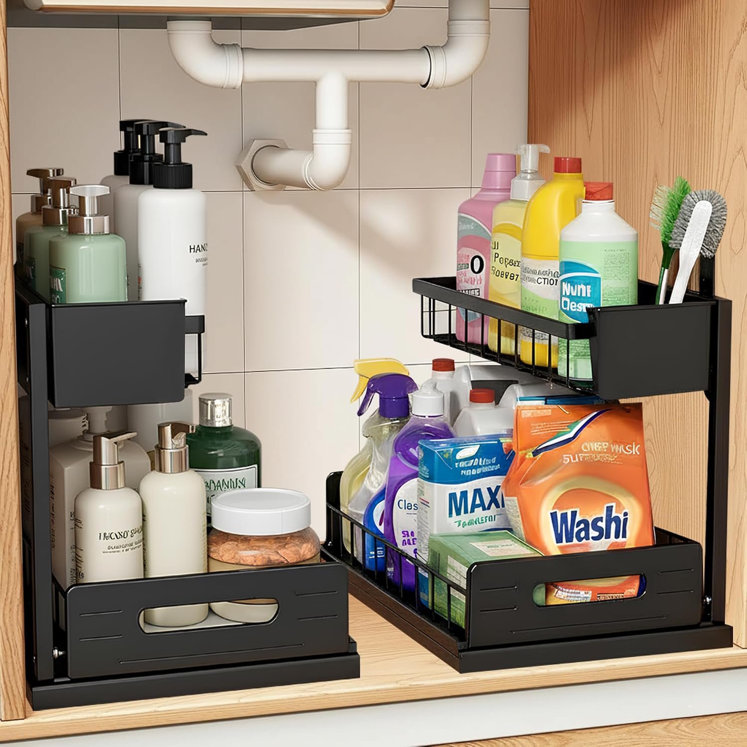 2 Pack Under Sink Organizer, Heavy Duty 2 Tier Slide-Out Storage, Space Saving Cabinet Organizer for Bathroom & Kitchen, Metal Shelf with Brush Holder, Black