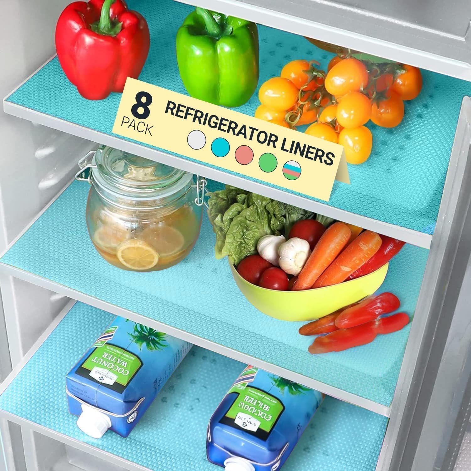 Refrigerator Liners for Shelves (8 Pack) by Linda’s Essentials – Non-Adhesive Shelf or Drawer Liner, BPA-Free Fridge Mats for Kitchen & Cabinets, Easy to Clean, Ideal Household Essentials (Blue)