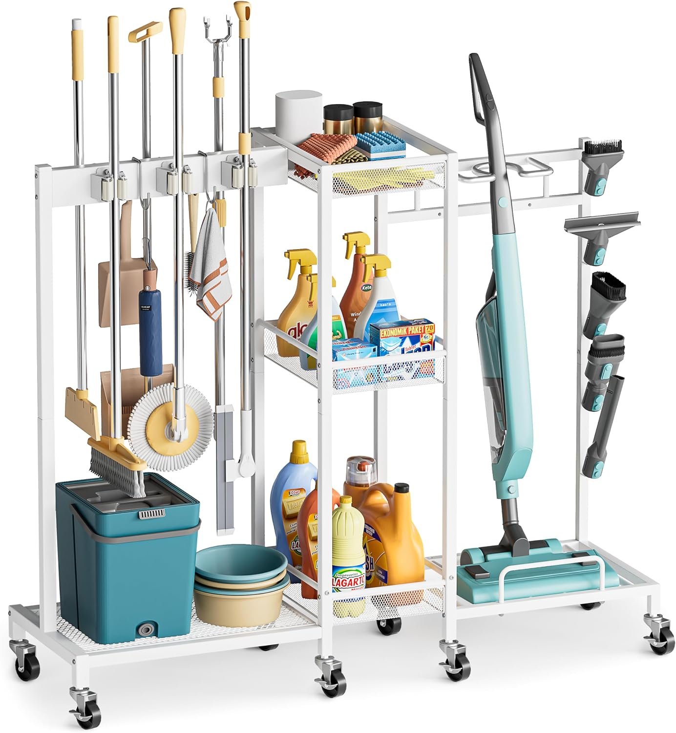 Broom Holder with Cleaning Supplies Organizer, Broom Closet Storage Cabinet with Cleaning Caddy Vacuum Stand, Cleaning Cart with Mop Hanger Gripper Rack Hook, Laundry Room Organization Home Essentials