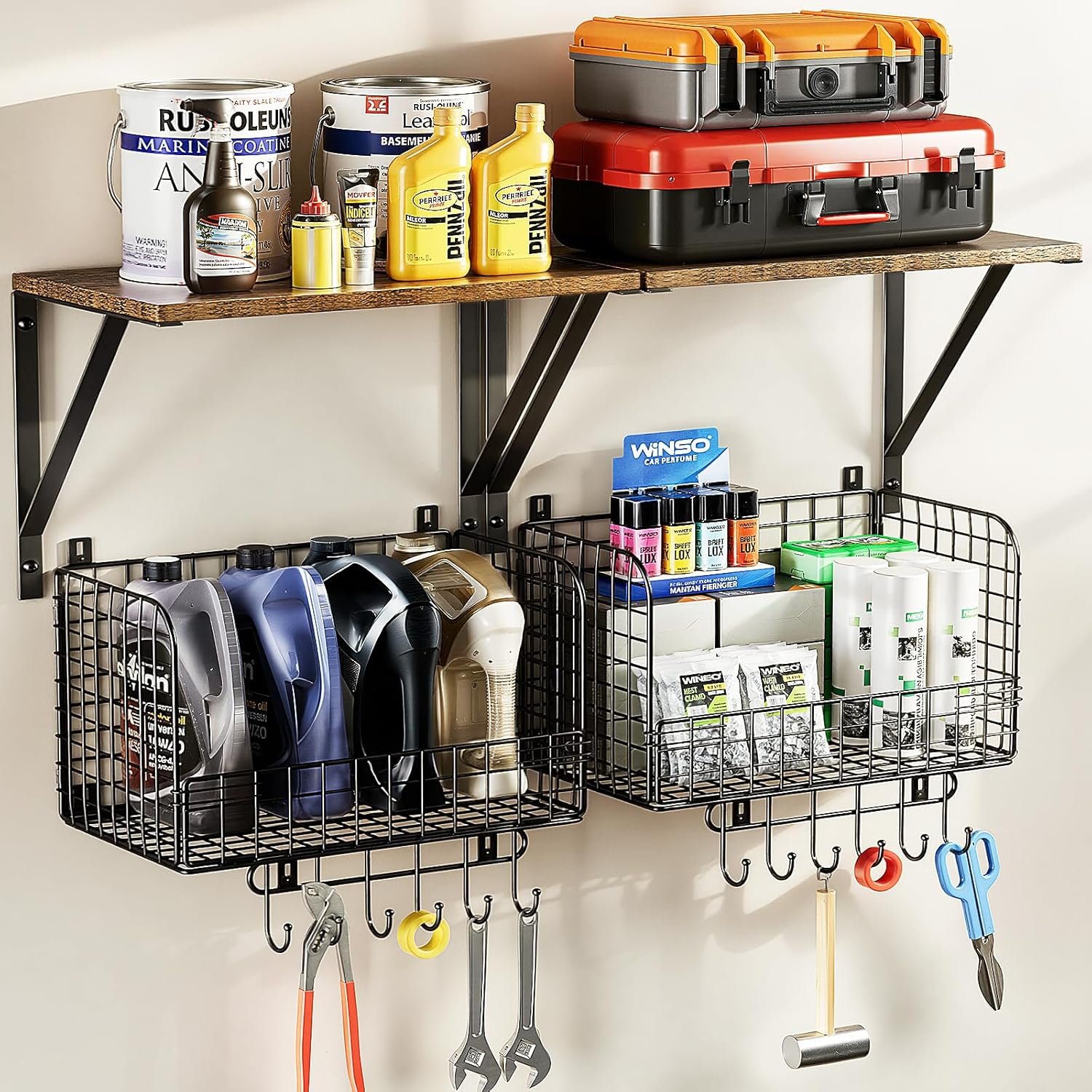 Housolution Garage Shelving Wall Mounted, Heavy-Duty Garage Wall Shelving with Baskets & Hooks Supports up to 154 LBS in Total, Tool Storage Organizer for Home, Garden, Kitchen, Laundry Room