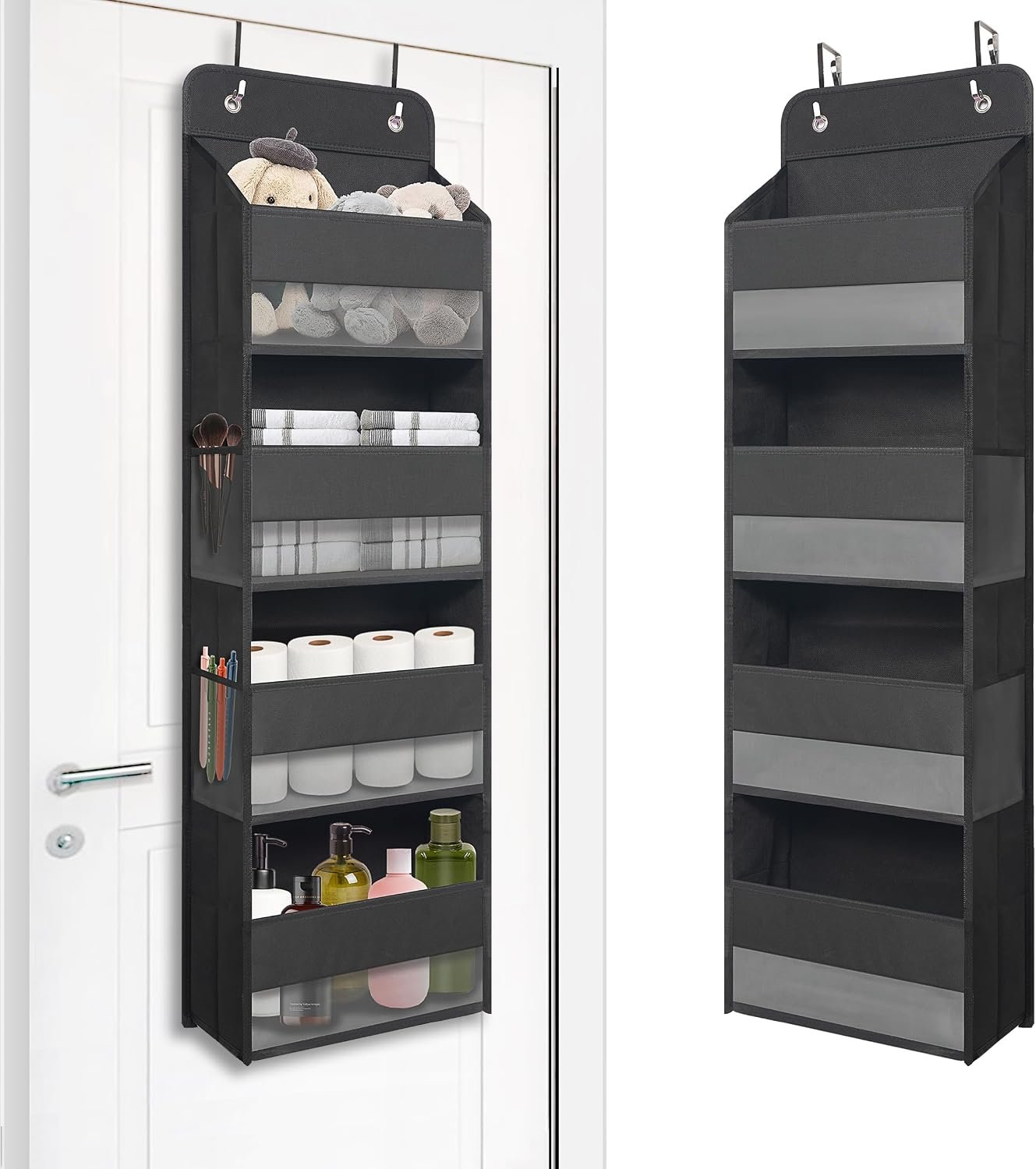 TYMENSH Black Over Door Organizer with 4 Large Clear Pockets, Compact Black Hanging Door Storage for Closet, Bathroom, Bedroom, Dorm, Nursery, Toys, Cosmetics, Baby Essentials