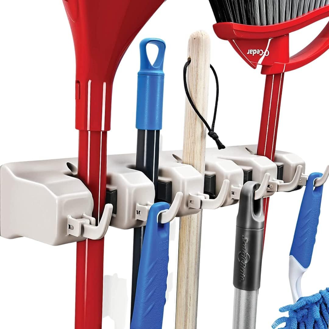 HOME IT Broom and Mop Holder Wall Mount – Heavy Duty Garage Organizer with 5 Slots & 6 Hooks, 7.5lbs Capacity Per Slot – Easy Install Storage Rack for Home, Kitchen, Laundry Room & Garden – Off-White