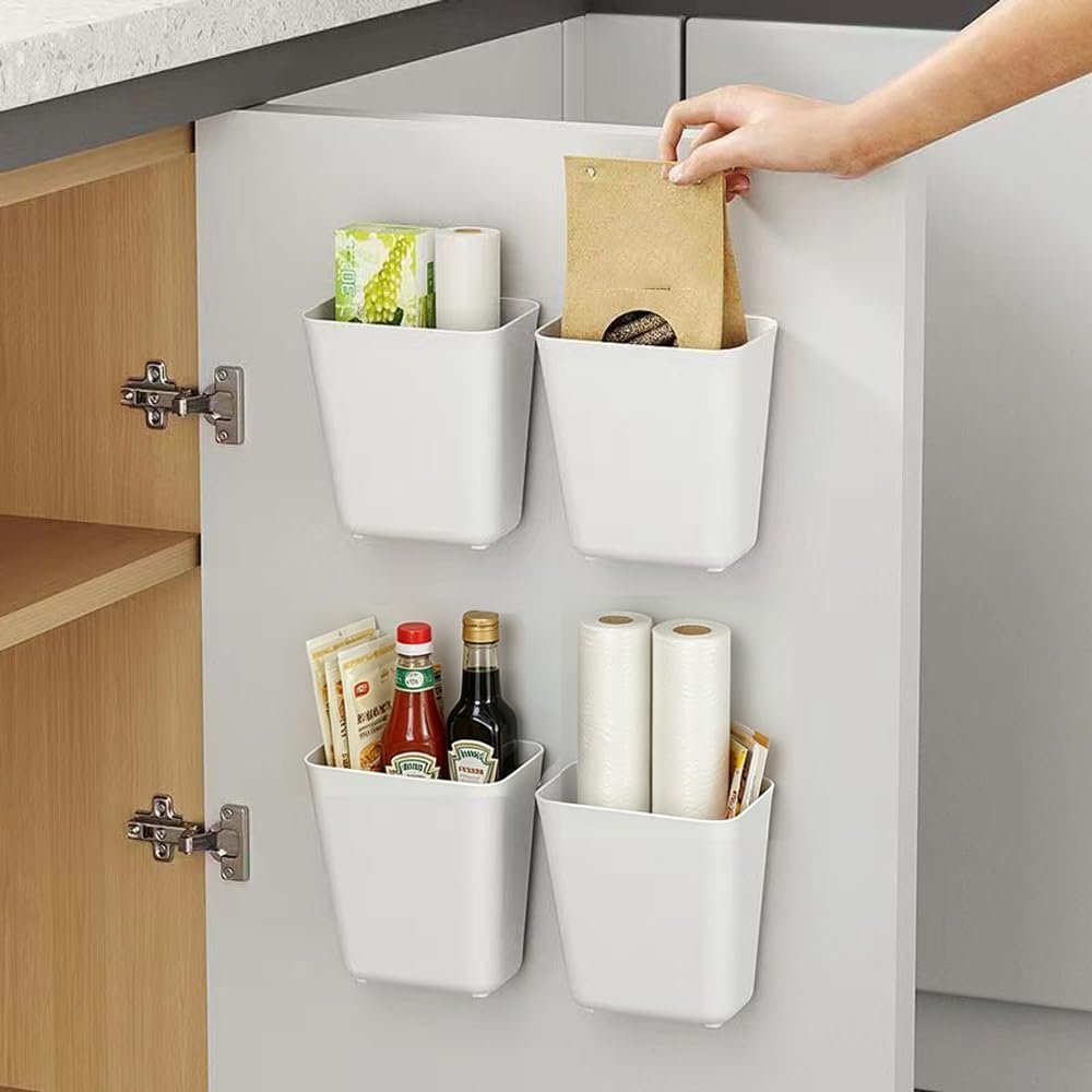 4 Piece Kitchen Cabinet Door Storage Box,Self Adhesive Wall Mounted Storage Box,Wardrobe/Bathroom/Refrigerator Small Items Organizer