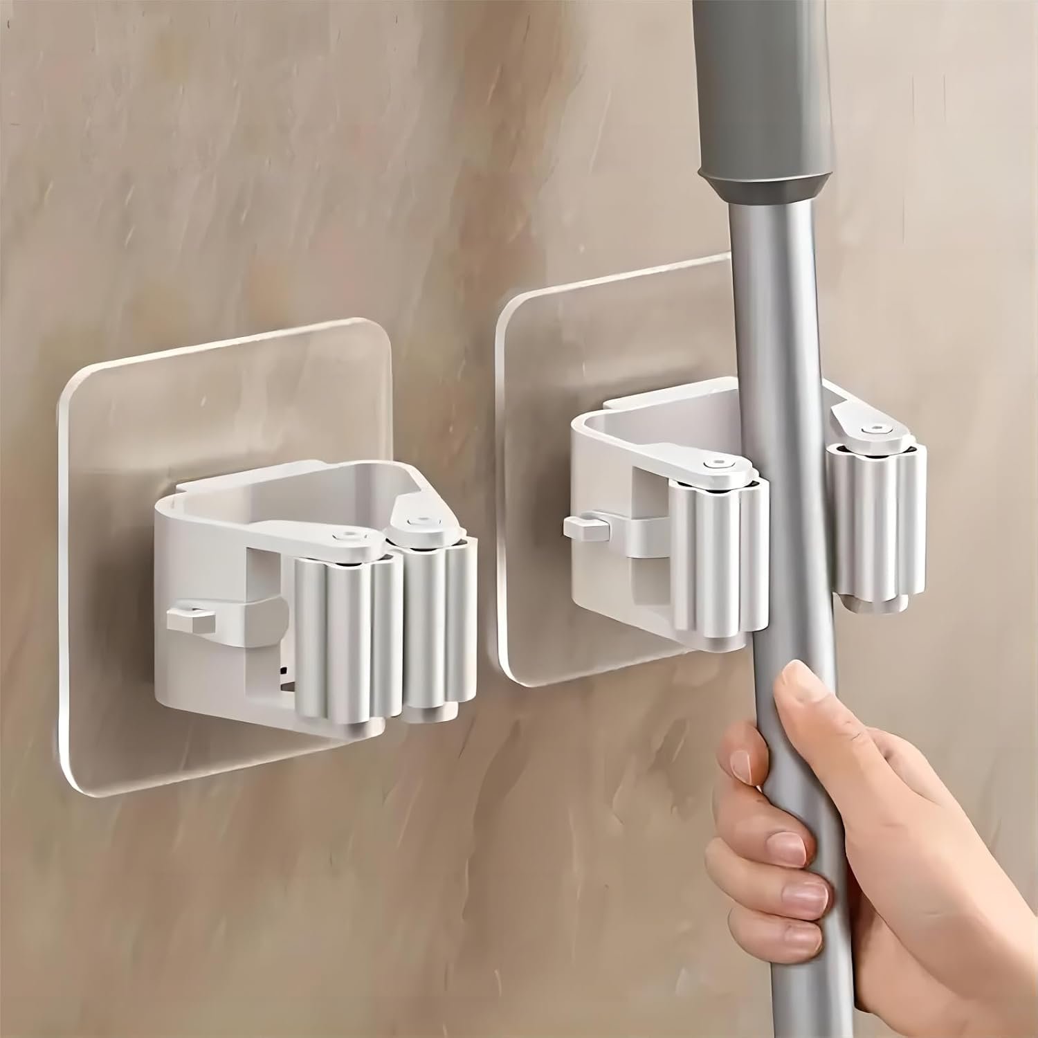 2Pcs Broom Holder Mop Hanger Wall Mount Hook Plastic Easy Install No-Drill Strong Adhesive Organizer