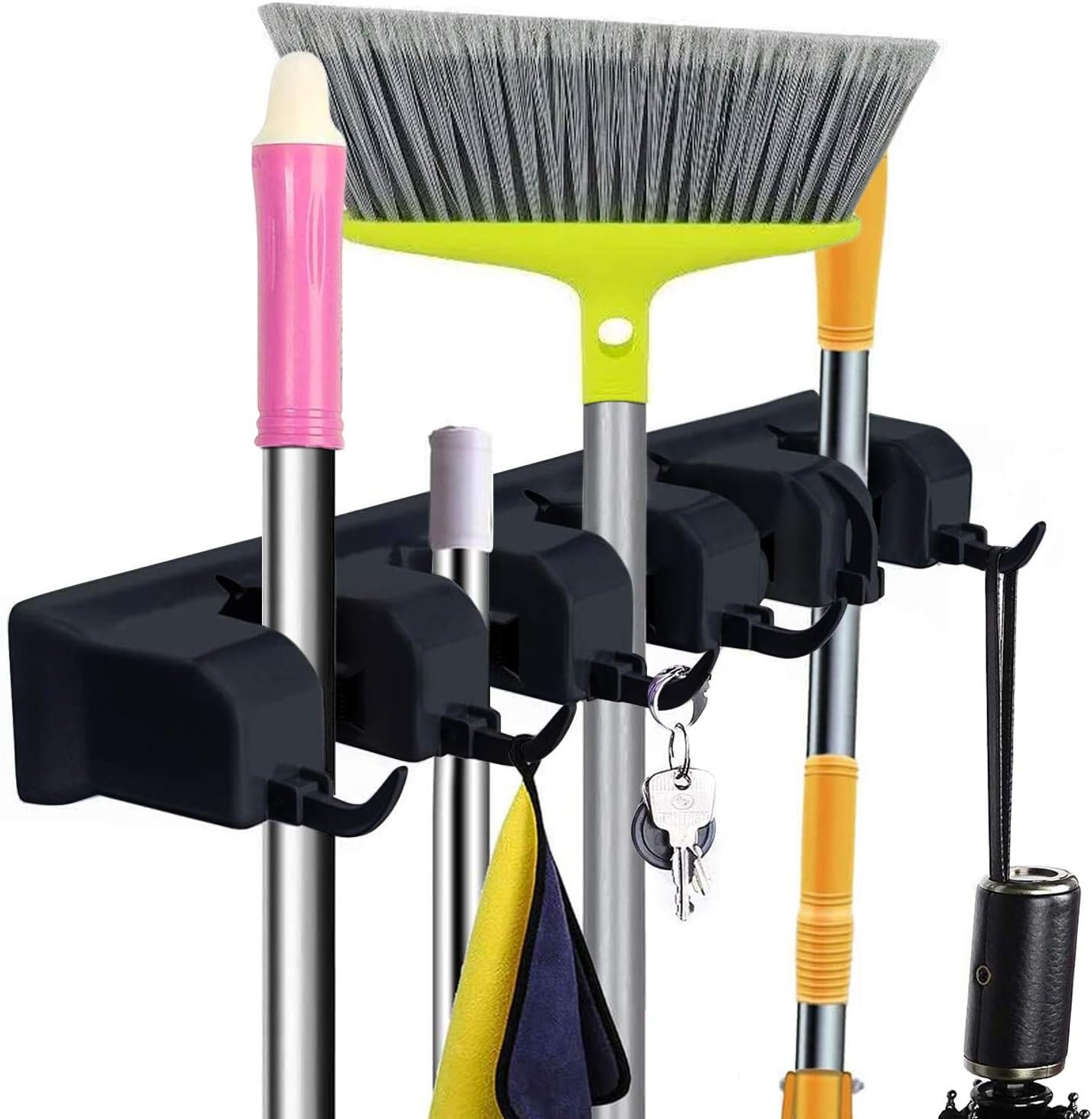 Mop and Broom Holder Wall Mount Heavy Duty Tool Organizer For Home Garden Garage And Storage (5 Positions with 6 Hooks)