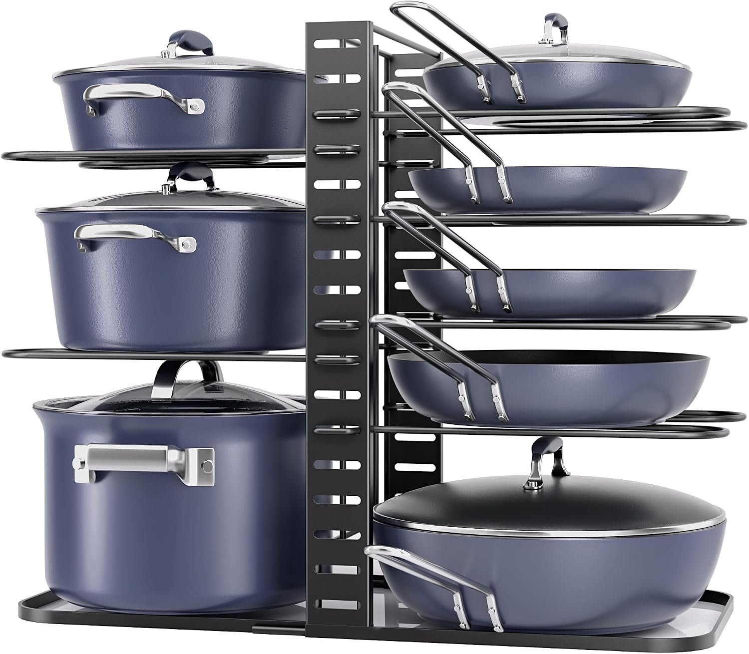 Pots and Pans Organizer Under Cabinet 14.6″, 8-Tier Adjustable Rack | 3 DIY Modes, Tool-Free Assembly, Fits 6–11″ Lightweight Cookware, For Kitchen Cabinets, Shelves & Countertops Pot Organizer