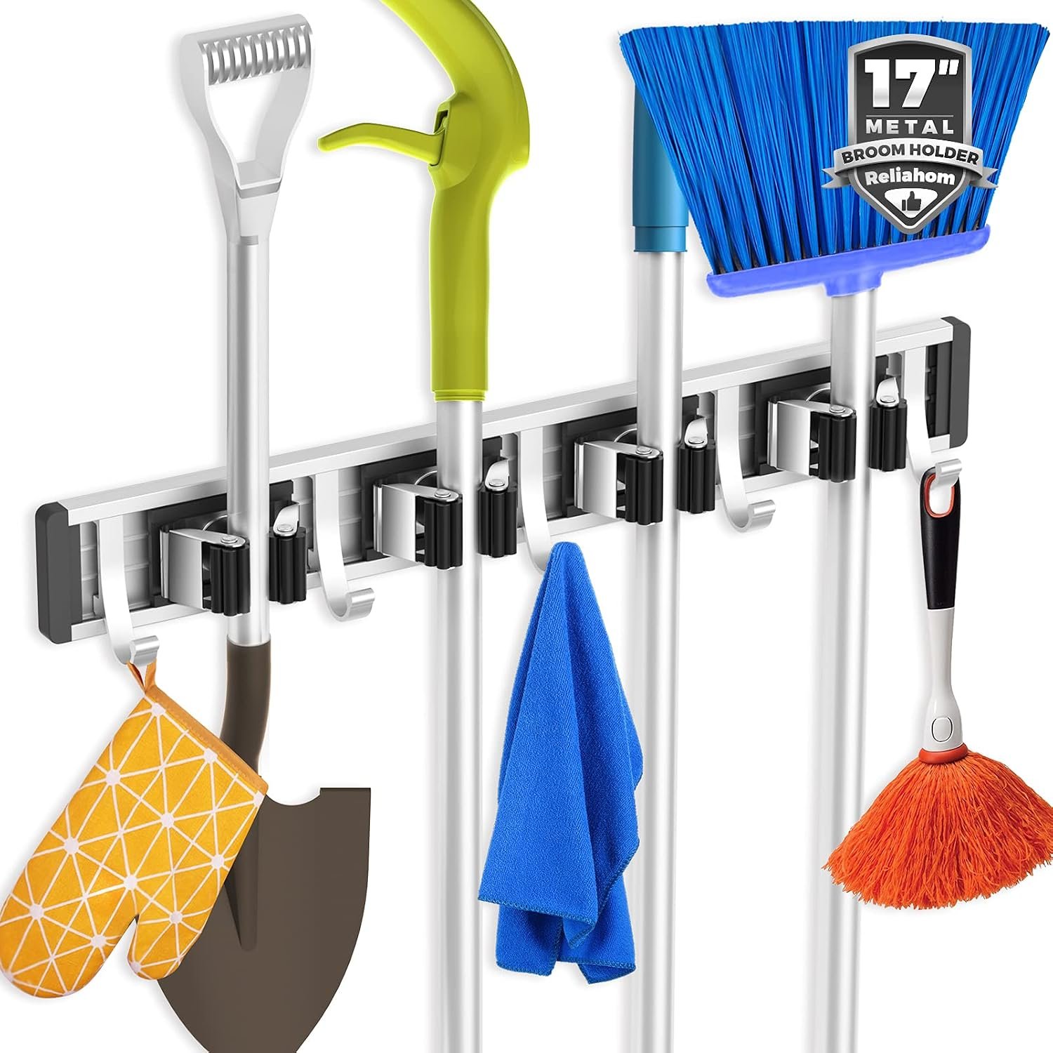 reliahom Broom Holder Wall Mount Mop Hanger Tools organizer 4Racks 5Hooks | Adjustable Mop Broom Wall Hanging Heavy duty Tools Storage Rack Space-saving for Garage,Kitchen,Laundry Room,Garden, Black