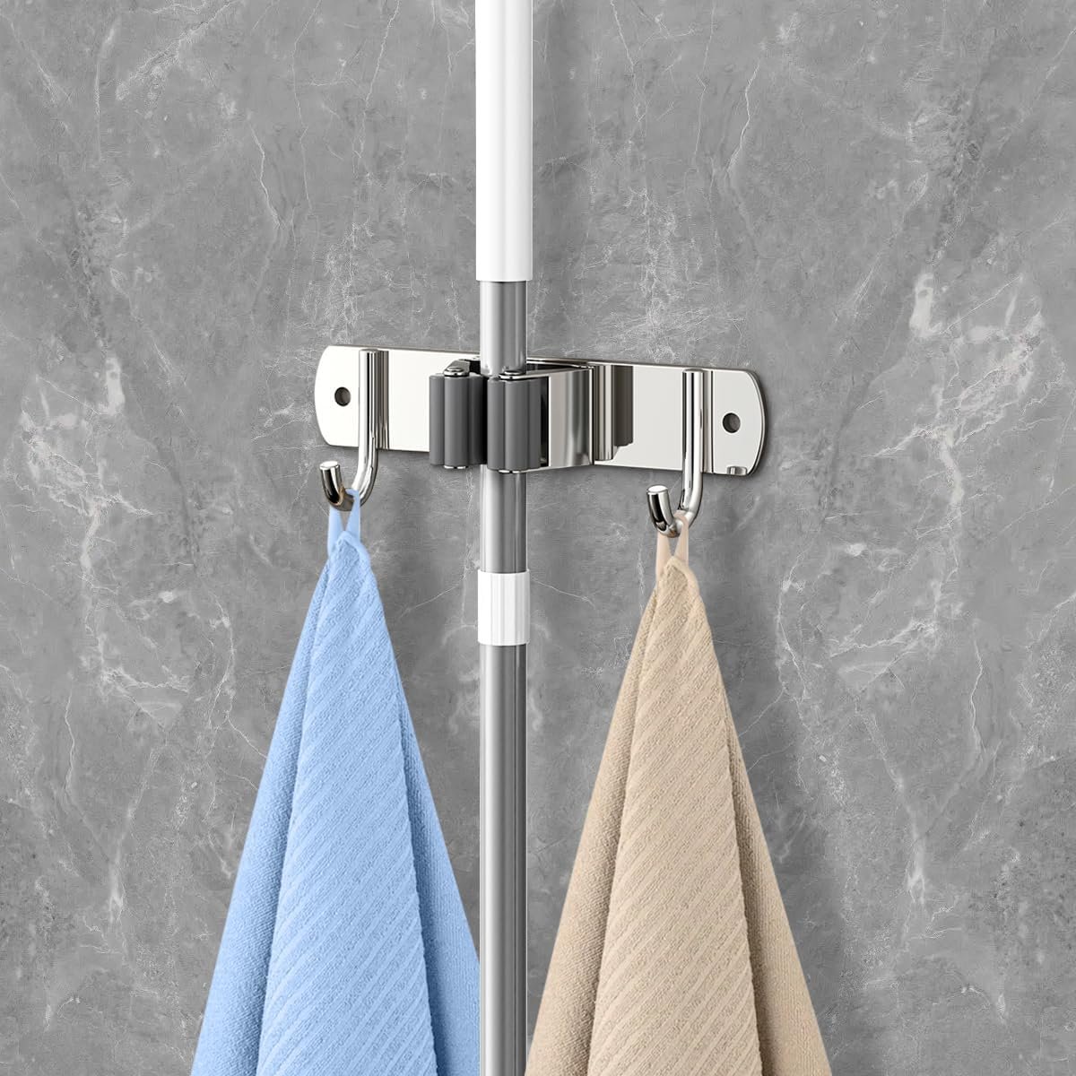 Stain Steel Adhesive Hooks, 1 Racks with 2 Hook Broom Holder, Wall Mount Mop and Broom Hanger, Wall Mounted, Garage Storage Rack, Kitchen Garden Tool Organizer (Silver)