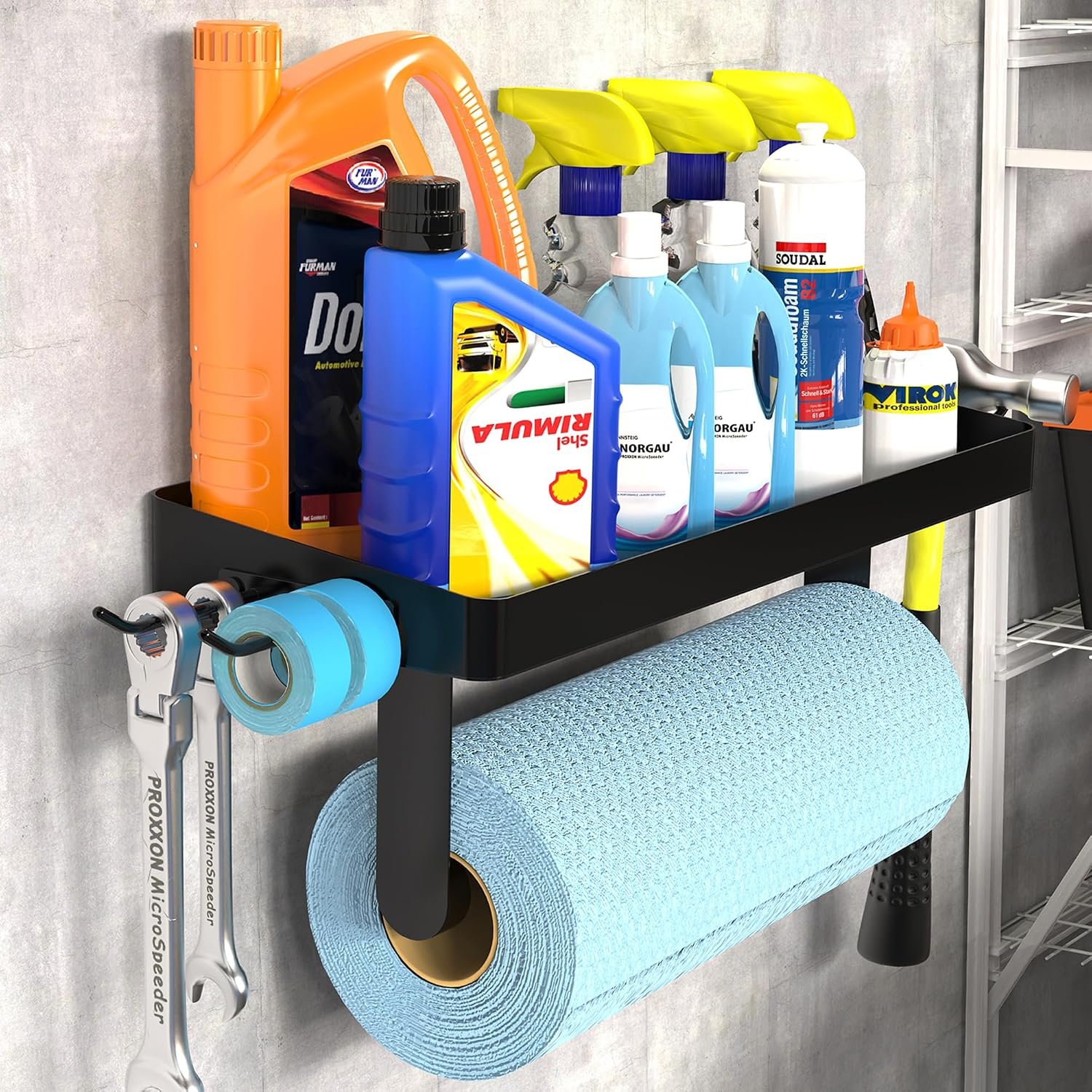 ZUNTO Wall Mounted Paper Towel Holder with Shelf for Garage, Drilling | Heavy Duty, Garage Organization and Storage with Side Hinging Hooks, Screw-in, Black Stainless Steel, Also Ideal for Kitchen