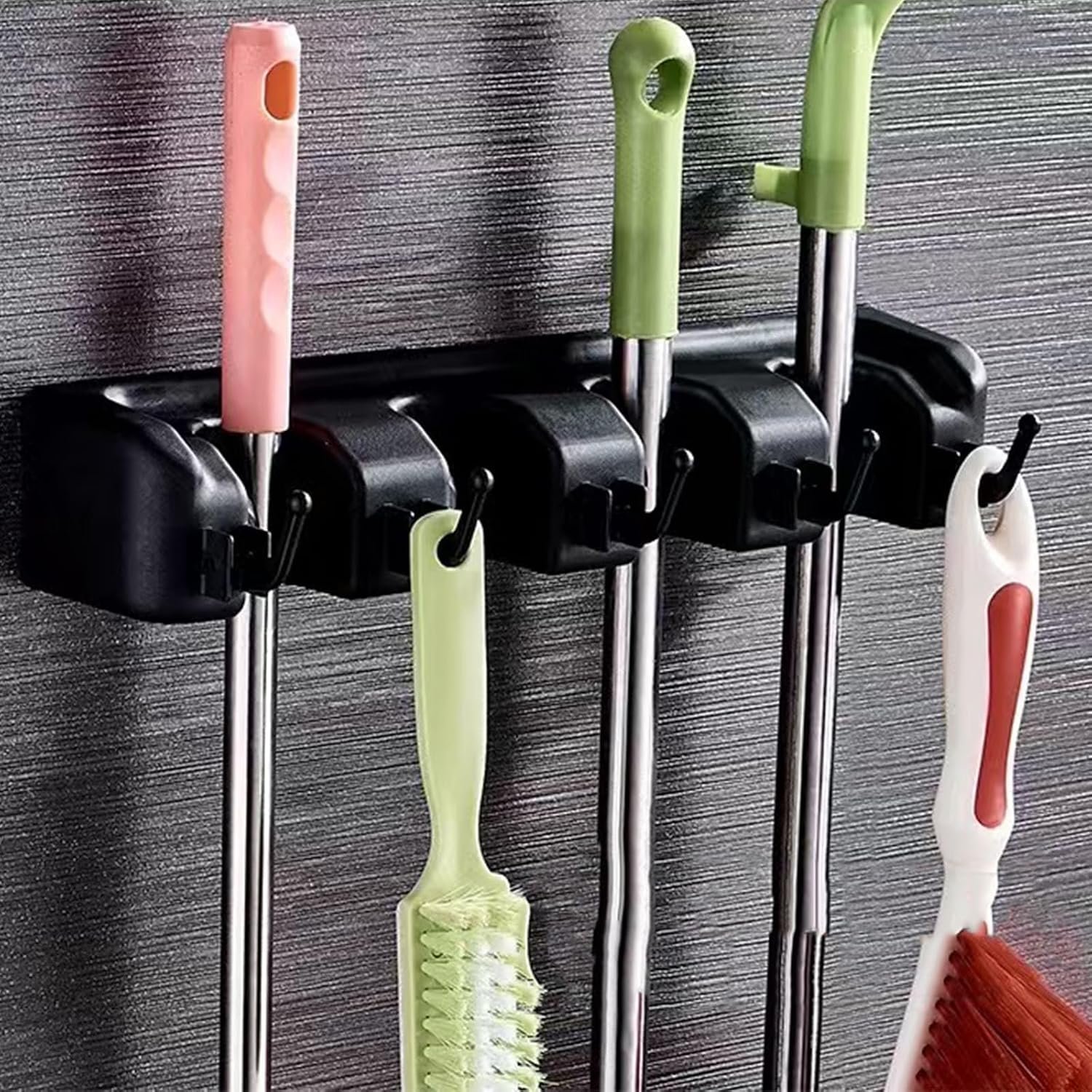 Generic 1 Pack Wall-Mounted Broom and Mop Holder, 4 Slots & 5 Hooks | Multipurpose Tool Organizer | ABS Plastic & Stainless Steel | Compact | Green