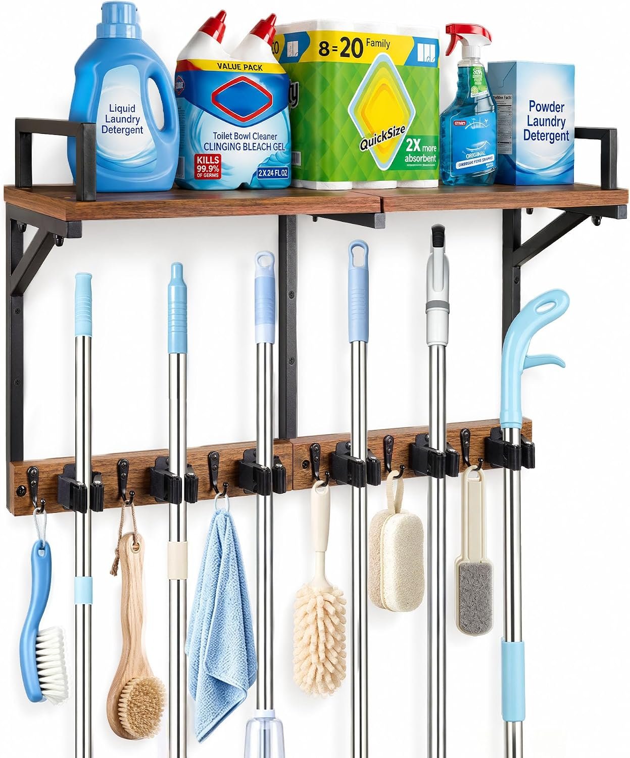Lorbro Broom Holder Wall Mount with Cleaning Supplies Storage, Heavy Duty