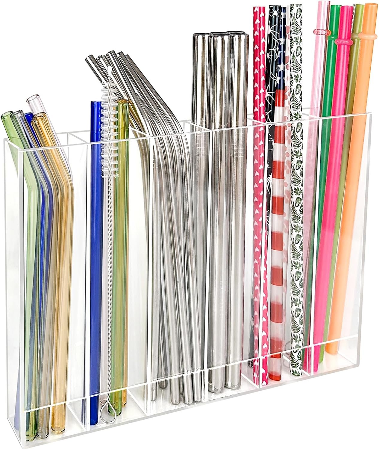9.6” Large Acrylic Straw Holder for Cabinet Door – 6 compartments, easy to clean, Reusable Tumbler Straw Organizer Storage, Small Kitchen Accessories Container, Ultra Sticky Cupboard Door Mounted