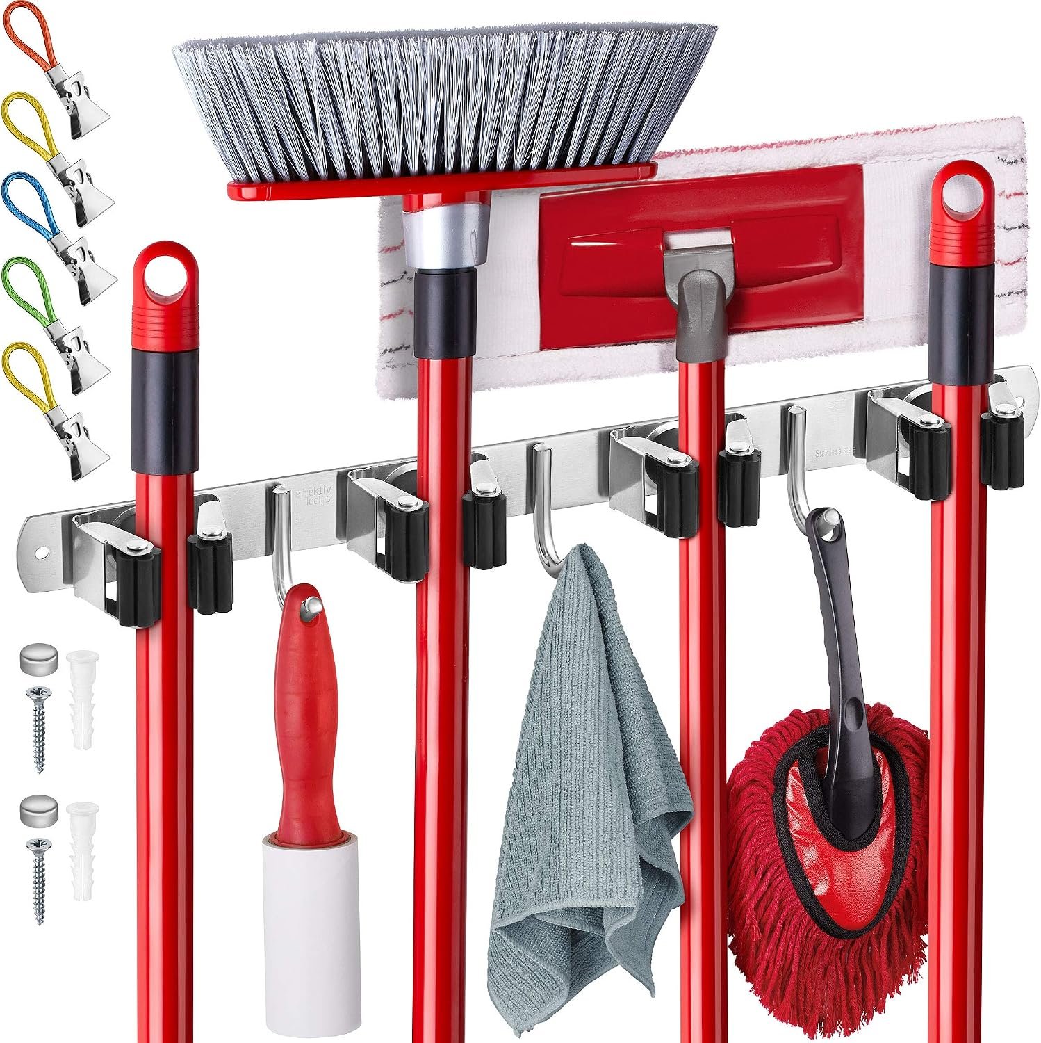 Wall Mount Hanger for Brooms & Mops – Adhesive Stainless Steel Mops & Broom Holder, 4 Clamps, 3 Hooks, & 5 Towel Hanger Clips Including Mounting Hardware for Utility Room Organization