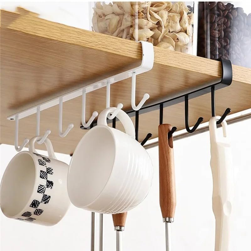 Iron Cabinet Storage Hanger – Multifunctional Row Hook | White Wardrobe Finishing Rack | Nail-Free & Traceless | Perfect for Kitchen, Bathroom, Bedroom Organization-White