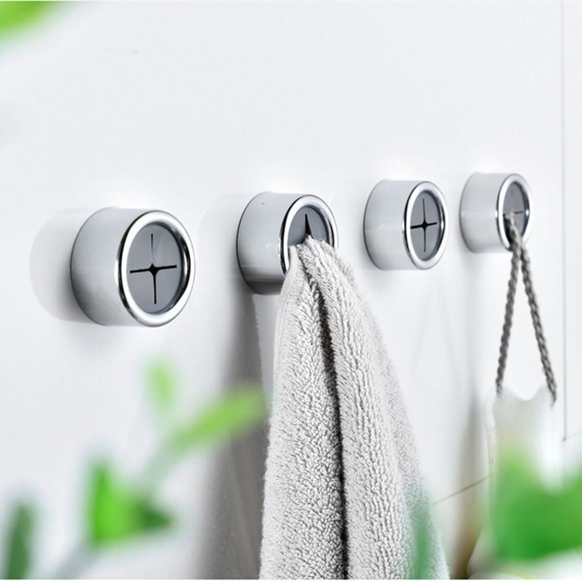 Adhesive Kitchen Dish Towel Holder – 4Pcs Towel Hooks for Cabinet, Push Hand Towel Hanger, Dish Cloth Rag Holder for Home Bathrooms, Kitchens, Garages, RV, Within Easy Reach, Grey