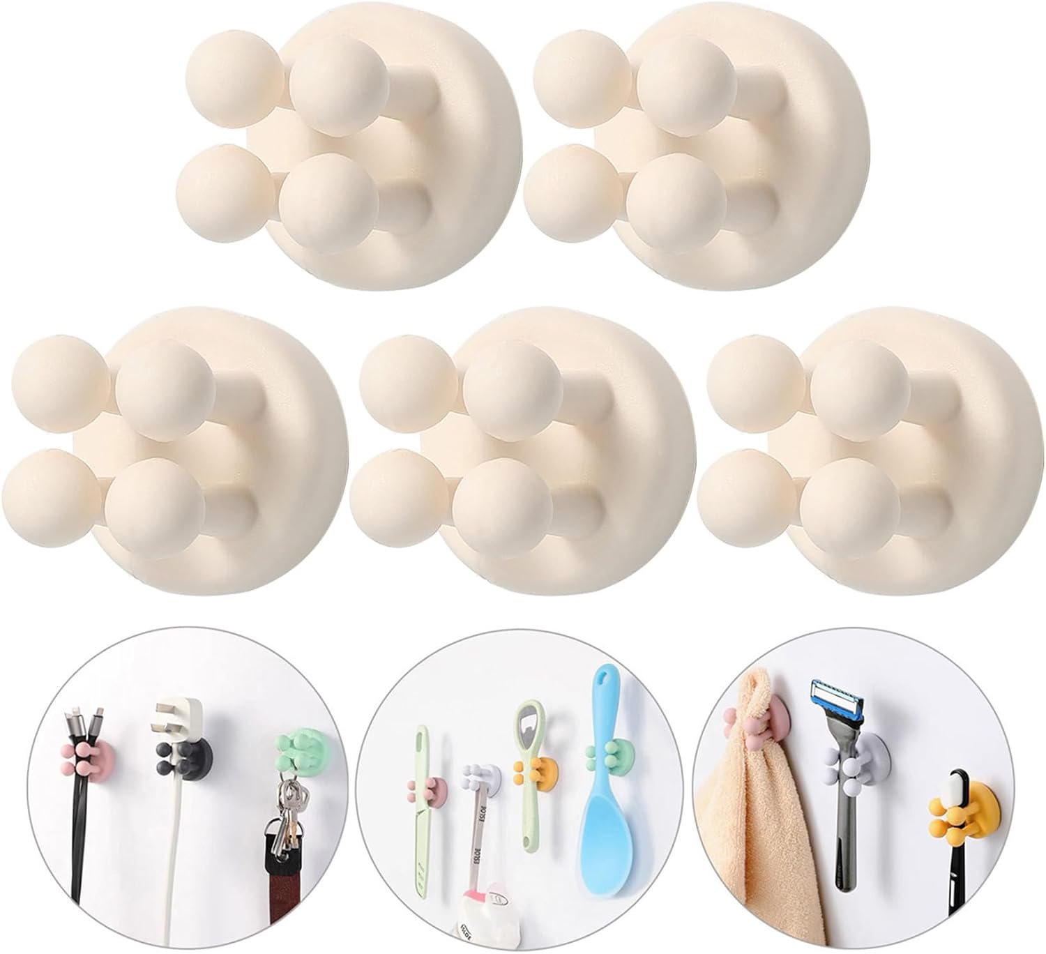 iBetterLife Self-adhesive Silicone Hook Holders – 5Pcs Mounted to Wall for Clipping Hanging Toothbrush Razor Towel Key Plug Cable, Utility Holders for Kitchen Bathroom Home Office Dorm Room Essentials