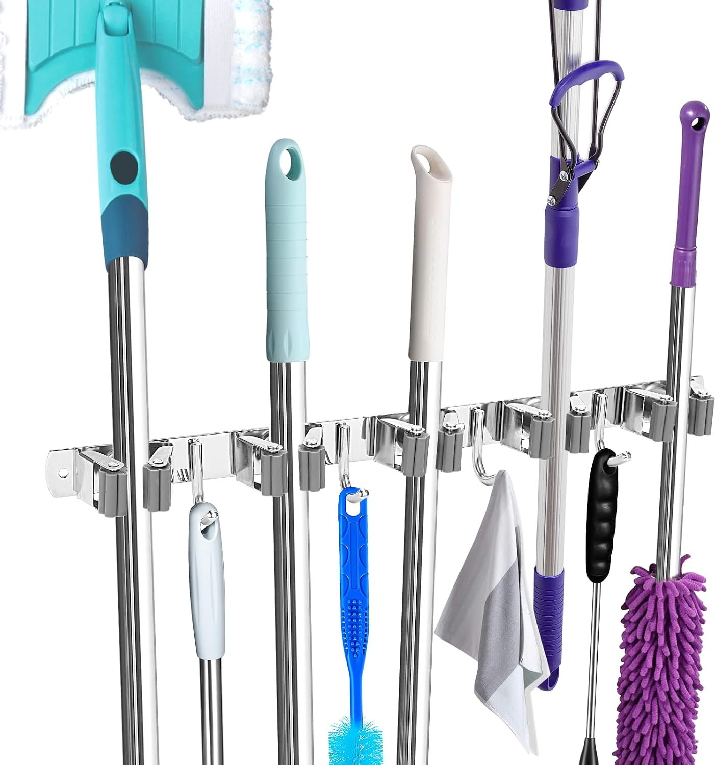 UNIFUN Broom Holder Wall Mount, 5 Racks 4 Hooks, Stainless Steel Organizer