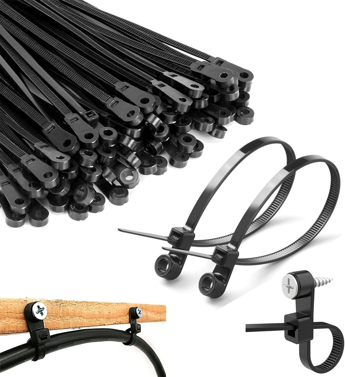 8 inch Black Zip Ties With Screw Hole,Heavy Duty Cable Ties for Cords 75 lbs Mountable head Zip Tie Screw Mount,Zip Ties for Wall Wire Indoor and Outdoor Use (50, 8 IN)