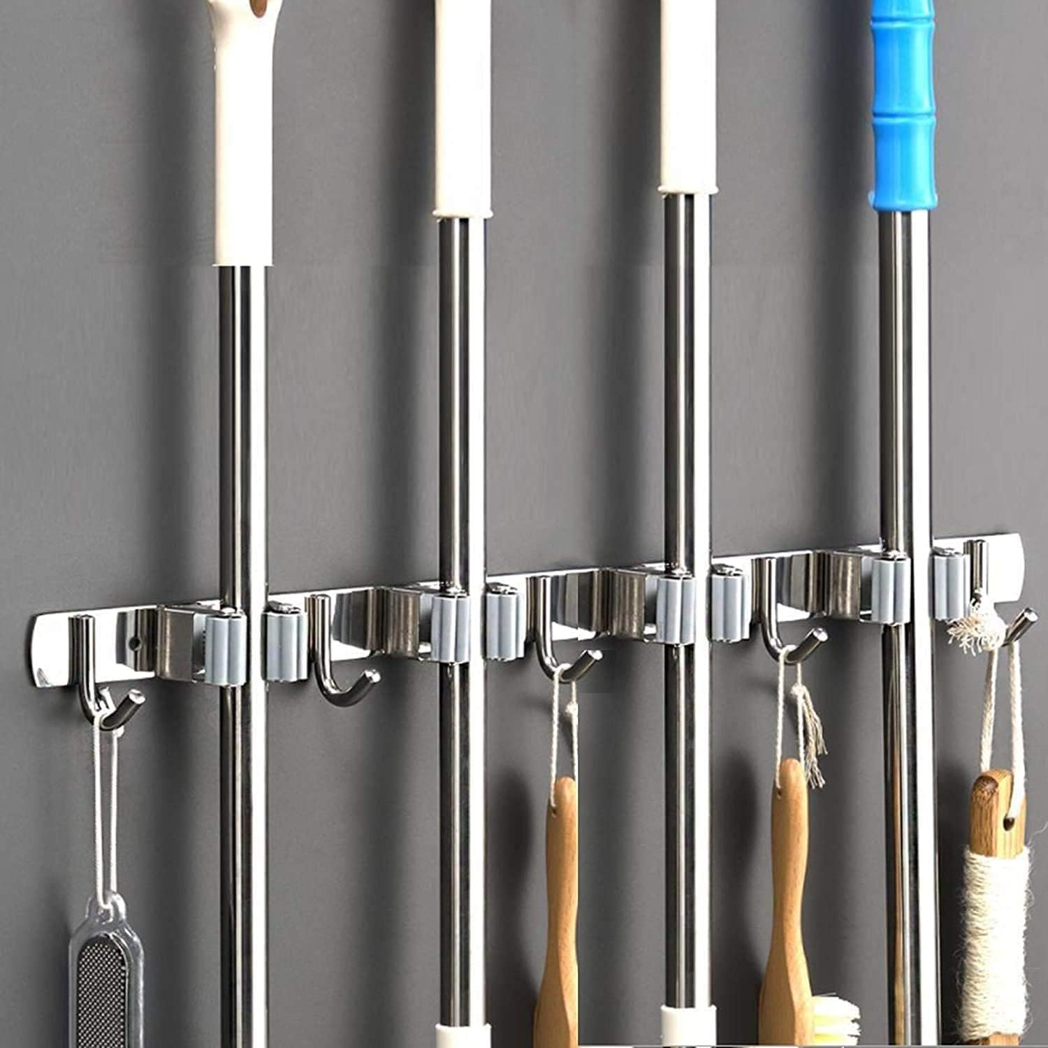 Broom Mop Holder Wall Mount Tool Hanger Organizer (4 Racks 5 Hooks)