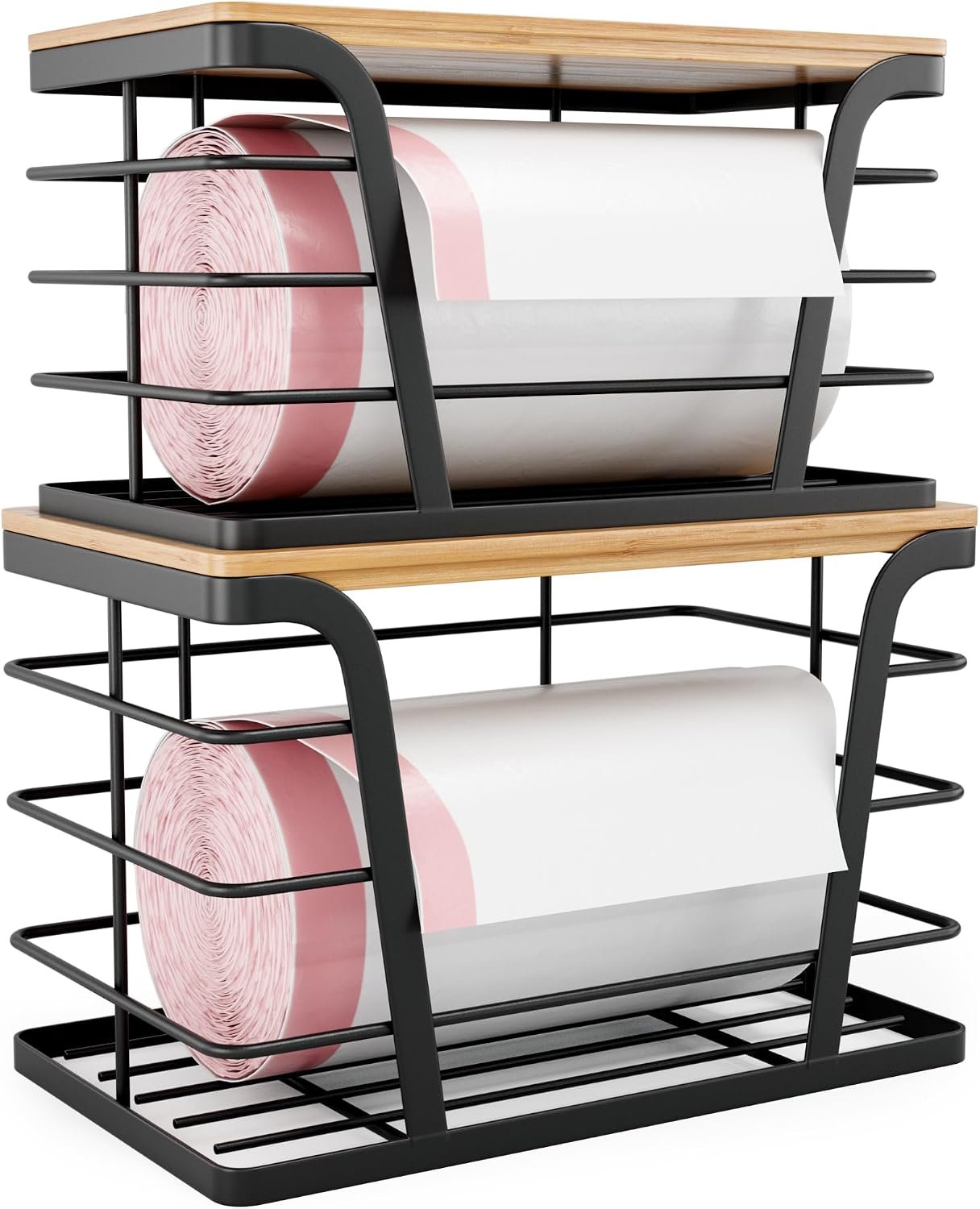 TIDIIABODE 2 Pack Stackable Storage Laundry Kitchen Organizers, Wall Mount Trash Bag Holder with Bamboo Top and Garbage Bag Dispenser No Drill